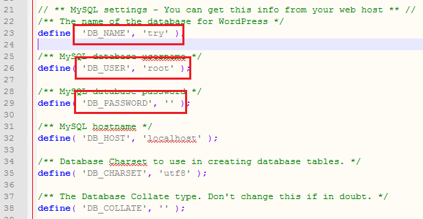 setting database name,user name and password in wp-config file